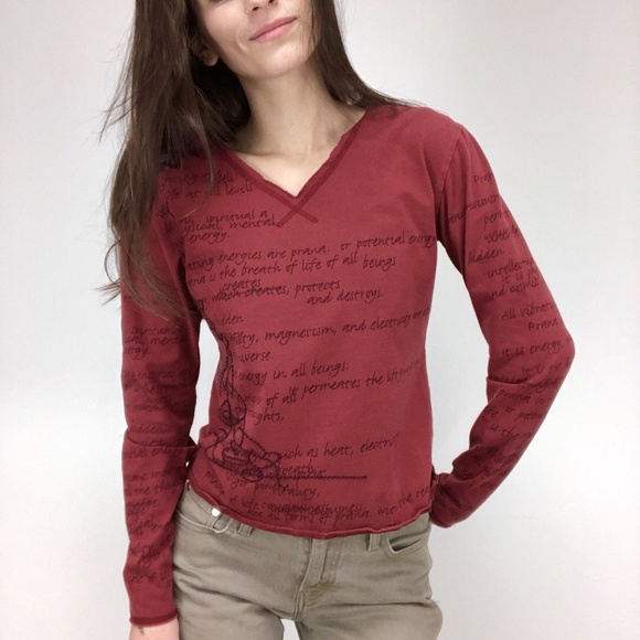 Prana Burgundy Script Long Sleeve Tee - Picture 1 of 5